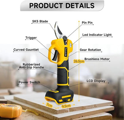 Cordless Electric Pruning Shears for DeWalt 20V Battery, Brushless Tree Pruner with LCD&SK5 Blades, Adjustable Cutting Dia. 0.8-1.2 Inch for Gardening, Tree Pruning(NO Battery)