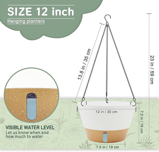 ZMTECH 12 Inch Hanging Planters for Indoor Plants, 2 Pack Self Watering Hanging Planter with Visual Reservoir, Hanging Pots for Plants Outdoor with Drainage Hole and Plant Hanger(2 Pack, White)
