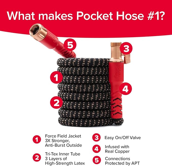 Pocket Hose Copper Head w/New Pocket Pivot Expandable Garden Hose 100FT, AS SEEN ON TV, Swivels 360°, Advanced Tri-Tex Tubing & Force Field Jacket, 3X Stronger, Lead-Free, No-Kink, Anti-Burst w/APT