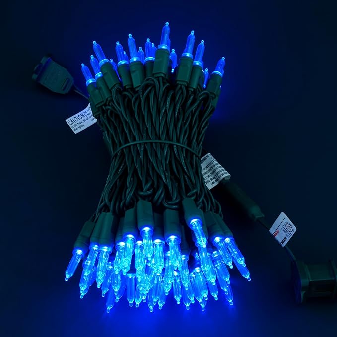 100 Blue One-Piece LED Christmas Lights, 33 ft Green Cord High Waterproof UL Certified T5 Outdoor String Lights (Blue)