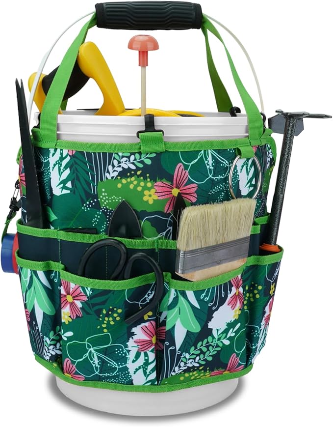 KUNN Bucket Tool Organizer 5 Gallon 18-Pocket Gardening Tool Bag with Hangable Handle | Garden Caddy & Bucket Accessory, Green