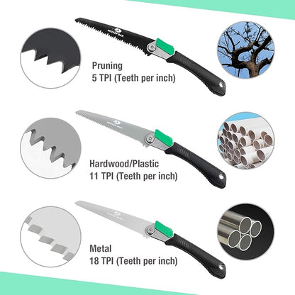 MOSSY OAK 3 in 1 Folding Saw, Pruning Hand Saw with Wood, Metal and PVC Blade, Camping Saw for Backpacking, Hunting and Bushcraft, Pouch Included