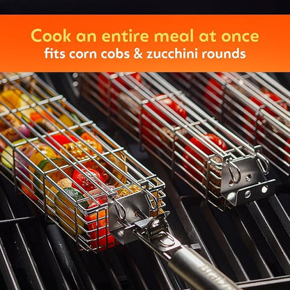 Kabob Grilling Baskets – Set of 3 Stainless Steel BBQ Baskets (12" x 2" x 2") with Removable Handle and Latching Lid – Great for Grilling Vegetables or Meat Over Campfires and Outdoor Grills