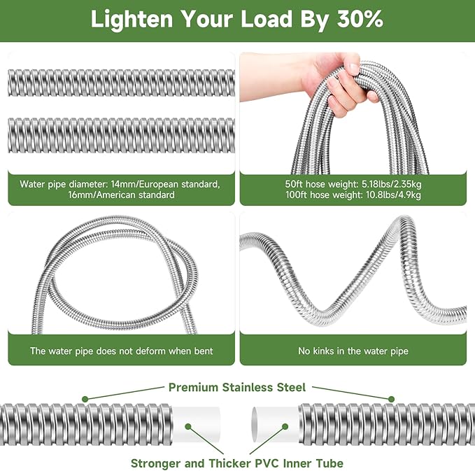 Heavy Duty Garden Hose 100 ft, 304 Stainless Steel Water Hose with 10 Functions Nozzle, 3/4" Swivel Connectors, Metal Garden Hoses-No Kinks, Lightweight, Flexible, Leak Proof, Suitable for Lawn Yard