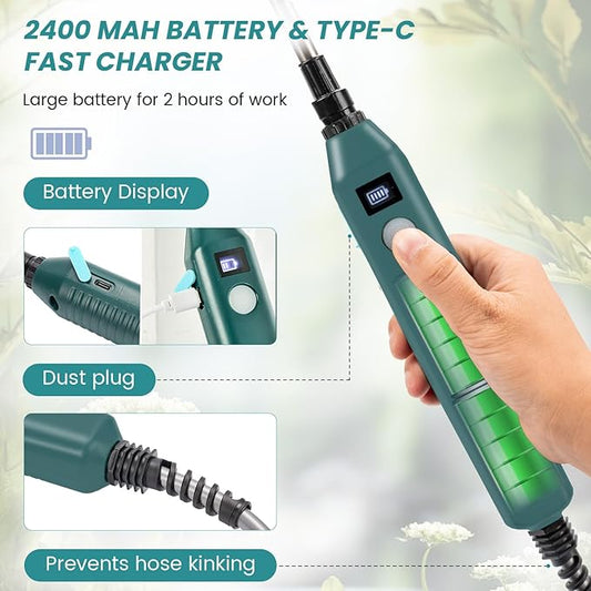 TOOVEM Electric Garden Sprayer with Battery Indicator,23.6inch Battery Powered Sprayer Wand with 16.4FT Hose,Rechargeable and Portable Spray Wand for Yard, Lawn and Garden(3 Nozzles)