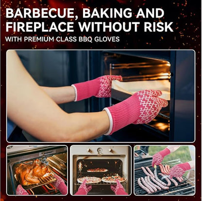 HandLove BBQ Gloves, Oven Gloves with Fingers – Heat Resistant Gloves for Grilling | Silicone Grip, Long Cuff Mitts - Kitchen & Outdoor Barbecue, Cooking, Baking, Pink L