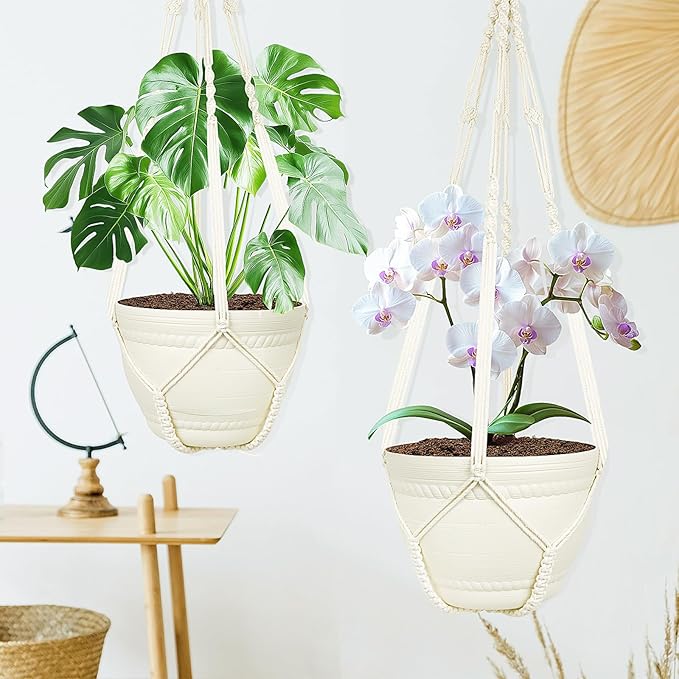 FGSAEOR Macrame Plant Holder Indoor Outdoor, Hanging 3-15 inch Pot, Bearing 20lb Planters, DIY Handmade Hanging Planter Basket Holder, 35-Inch Extra Long Strong Boho Home Décor (2-Pack) (Ivory)