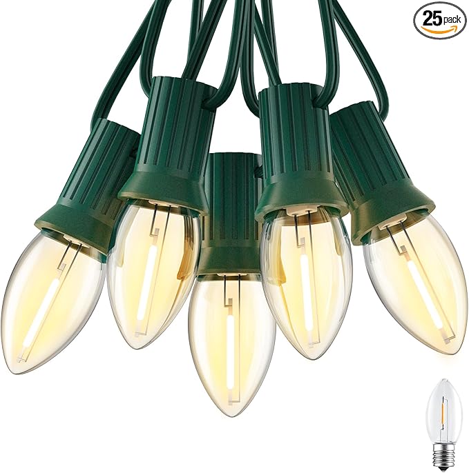 Brightown C7 Clear LED Christmas String Lights Outdoor, 25FT Connectable with 26 0.6W Bulbs (1 Spare), Vintage Hanging Lights for Xmas Holiday Party, Patio, Roofline House Decor