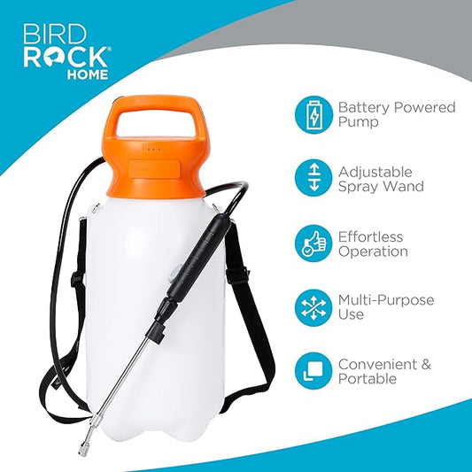 BIRDROCK HOME Garden Sprayer with Battery Powered Pump - Stainless Steel Wand, Rechargeable, Adjustable Spray, & Portable for Lawn, Garden, Plants, and Cleaning - White Translucent Body - 2-Gallon