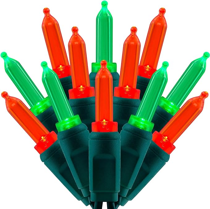 100 Red & Green One-Piece LED Christmas Lights, 33 ft Green Cord High Waterproof UL Certified T5 Outdoor String Lights (Red & Green)