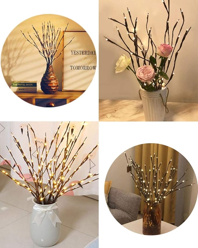 LED Branch Lights, Battery Powered, Warm White, Brown, Plastic, 20 LED, 5 Bendable Poles, 25 Inches, Modern Office Decoration