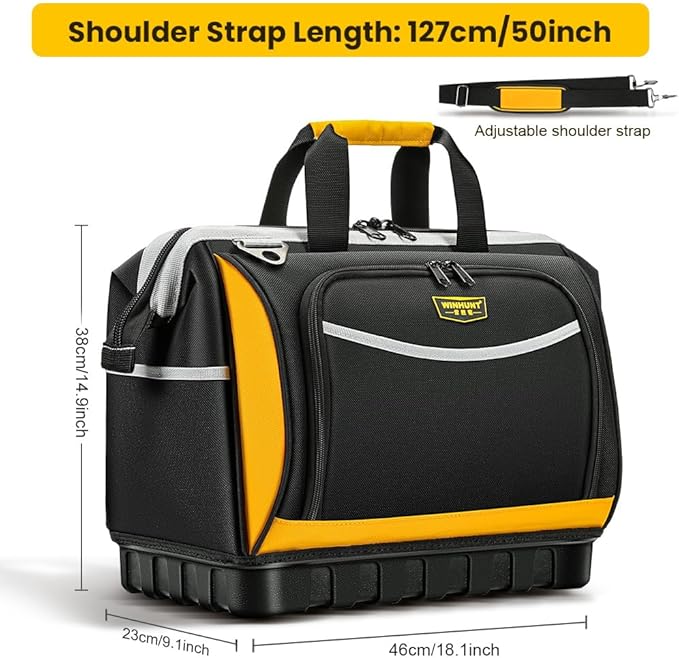 Large Tool Bag, Professional Tool Tote Hard Bottom, Multi-Pocket Storage with Shoulder Strap, Black and Yellow (Yellow & Black, 18 inch)