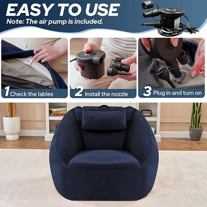 HABUTWAY Inflatable Bean Bag Chairs for Adult Blow up Chair Portable Inflatable Bean Bag Couch w/Electric Air Pump,Handle & Side Pocket for Movie Night Reading Gaming Living Room - Navy Blue