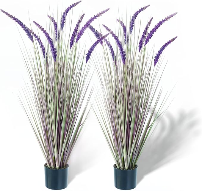KOL 4ft 2-Pack Artificial Veronica Horsetail Reed Grass – 47in Tall Faux Purple Grass Plants in Pots, UV Resistant Fake Greenery for Indoor Outdoor Home, Office, Patio & Wedding Décor
