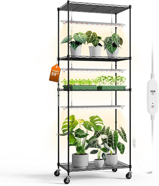 Bstrip Plant Shelf with Grow Light with Timer, Plant Stand with Adjustable Rack and Wheels, 3 Pack 72W T8 2FT Full Spectrum Grow Lights for Indoor Plants, Seed Starting, Seed Tray, 23.5"x13.8"x59"