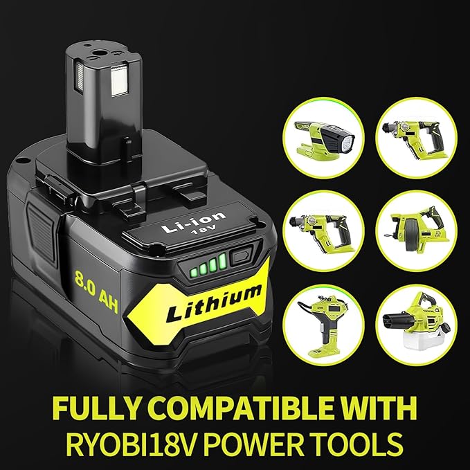 1 Pack 8.0Ah High Capacity Replacement for Ryobi 18v Battery P108 P104 P105 P102 P103 P122 P109 Li-ION Compatible with Ryobi 18V ONE+ System Cordless Power Tools and Charger