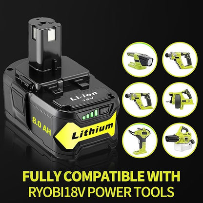 1 Pack 8.0Ah High Capacity Replacement for Ryobi 18v Battery P108 P104 P105 P102 P103 P122 P109 Li-ION Compatible with Ryobi 18V ONE+ System Cordless Power Tools and Charger