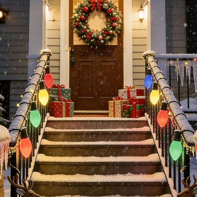 C9 LED Christmas Lights Outdoor, 25Ft Outdoor Christmas Decorations String Lights with 26 C9 LED Red White Green Bulbs, Hanging Vintage Christmas Light for Garden Party Porch Pathway Roofline