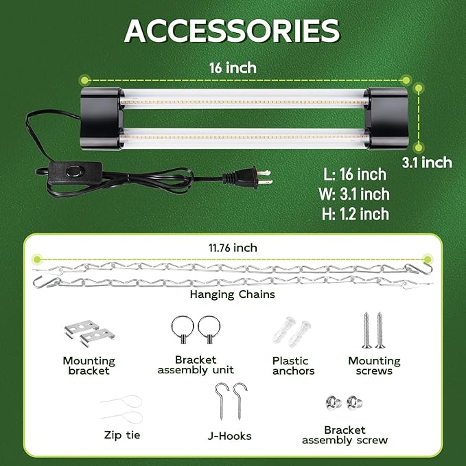 Hlite 16inch 2 Pack LED Grow Lights - Linkable Grow Lights for Indoor Plants, Full Spectrum Plant Lights Plug and Hanging Design with On/Off Switch Hanging Grow Light from seedling to Flowering, Black
