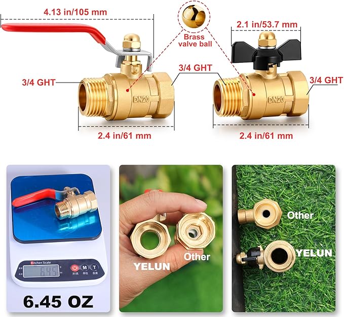 Garden Hose Brass Shut Off Valve Full Flow, No Restricted-Flow Water Shut-Off Connector, 3/4" GHT x 3/4" GHT Garden Hose Full Port Ball Valve Adapter (Long Handle and Butterfly Handle)