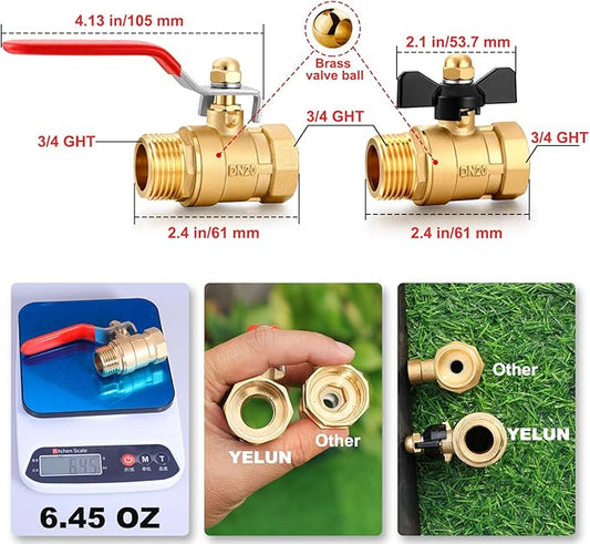 Garden Hose Brass Shut Off Valve Full Flow, No Restricted-Flow Water Shut-Off Connector, 3/4" GHT x 3/4" GHT Garden Hose Full Port Ball Valve Adapter (Long Handle and Butterfly Handle)