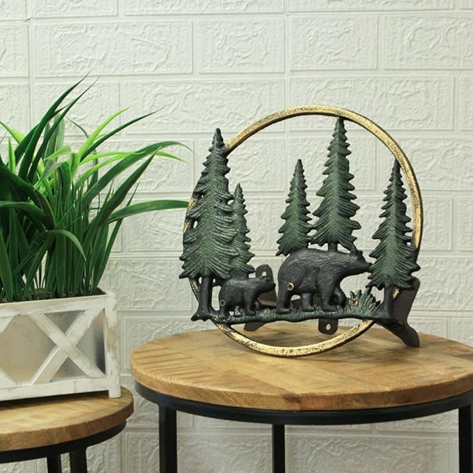Zeckos Cast Iron Black Bears in Forest Decorative Wall Mounted Hanging Garden Hose Hanger - 11 Inches in Diameter - Wildlife Themed Outdoor Hose Holder Decor
