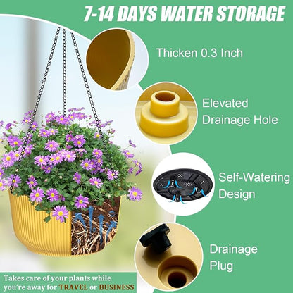 Hanging Planters 9/10/11 Inch for Indoor Plants, 3 Pack Plant Hanger Outdoor with Drainage Holes, Self Watering Hanging Basket Flower Pot for Garden Home Decor, Yellow