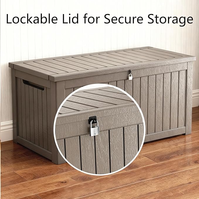 150 Gallon Resin Deck Box with Lockable Lid - Outdoor Waterproof Storage for Patio Furniture, Garden Tools, Cushions & Pool Accessories, Wood Grain Design, Easy Assembly