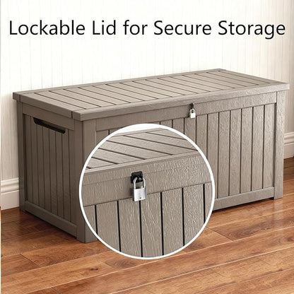 150 Gallon Resin Deck Box with Lockable Lid - Outdoor Waterproof Storage for Patio Furniture, Garden Tools, Cushions & Pool Accessories, Wood Grain Design, Easy Assembly