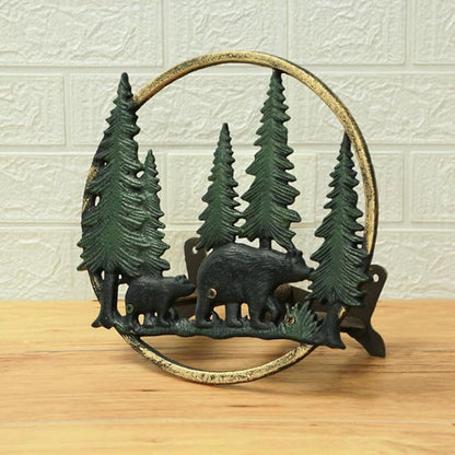 Zeckos Cast Iron Black Bears in Forest Decorative Wall Mounted Hanging Garden Hose Hanger - 11 Inches in Diameter - Wildlife Themed Outdoor Hose Holder Decor
