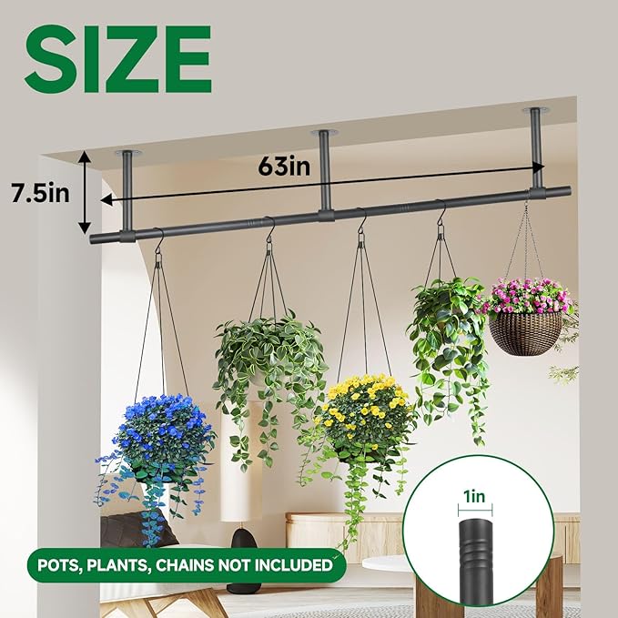 2 pcs Hanging Planters Rod, Plant Hanger Indoor for Window Ceiling, Hanging Plant Shelf for Wall Planter House Plants, Plant Shelves Metal Holder Bar 63 in (Pots, Plants, Chains not Included)