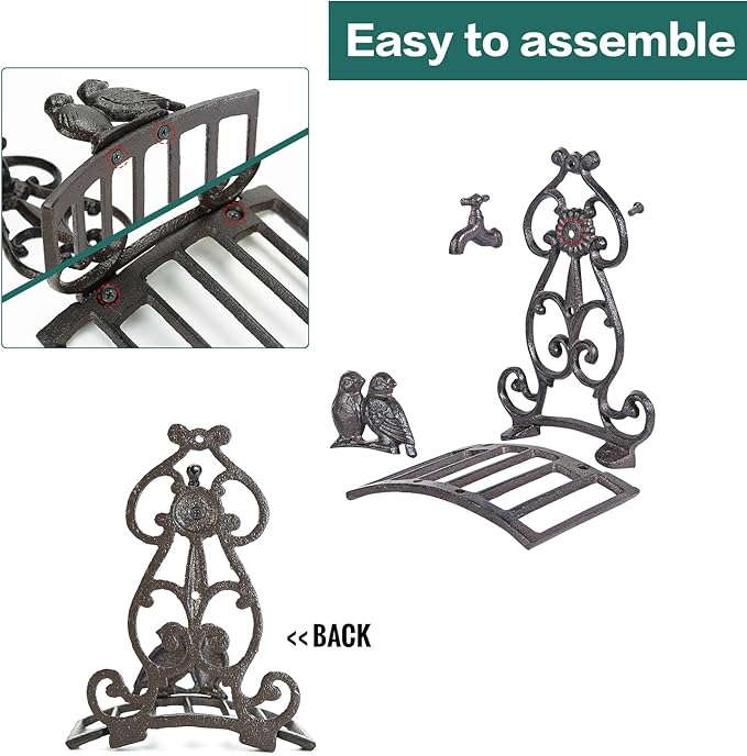 Sungmor Vintage Cast Iron Garden Hose Holder - Small Decorative Wall Mount Hose Hanger with Birds & Scroll, Heavy Duty Outdoor Storage Hook for Yard, Garden, or Patio - Rustic Bronze Finish