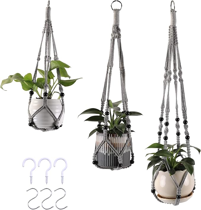 3-Pack Macrame Plant Hanger Indoor - Hanging Planter Basket for Indoor Outdoor - Decorative Boho Plant Holders Set with Beads - Ceiling Flower Pot Holder with 6 Hooks - 35"/30"/24" Gray