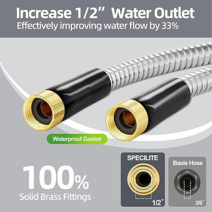 SPECILITE 5FT Short Garden Hose, 1/2" 304 Stainless Steel Leader Hose with Female to Female Brass Fittings, Flexible, Heavy-Duty & Never Kink, Water Pipe for Yard, Outdoor, Lawn