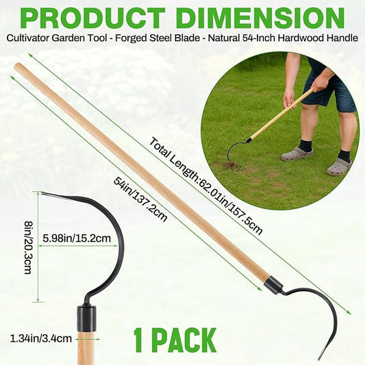 Long Handle Weeder Hook Garden Weeder Tool Versatile Cultivator Garden Tool 54 Inch Hardwood Handle with 8 Inch Alloy Steel Blade for Gardening, Yard, Lawn, Patio Digging, Edging and Planting