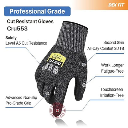 DEX FIT Level 5 Cut Resistant Gloves Cru553, 3D-Comfort Stretchy Fit, Power Grip, Professional Grade, Thin, Touch-Screen Compatible, Durable, Machine Washable; Black M (8) 1 Pair
