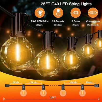 G40 LED Globe Outdoor String Lights 25FT, Waterproof & Shatterproof with 25 Clear Plastic Bulbs (2 Spare), Black Wire,for Cafe Bistro Porch Garden Balcony Party Decor