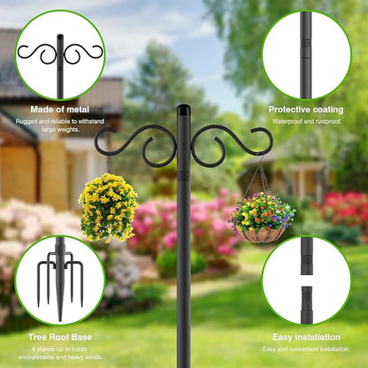 Double Shepherds Hooks for Outdoor,2 Pack 70 Inch Bird Feeder Pole with 5 Prongs Base,Heavy Duty Shepherds Hook,Suitable for Garden in Hanging Flower Basket,Lantern,Bird Nests (2 Pack 70 inch)