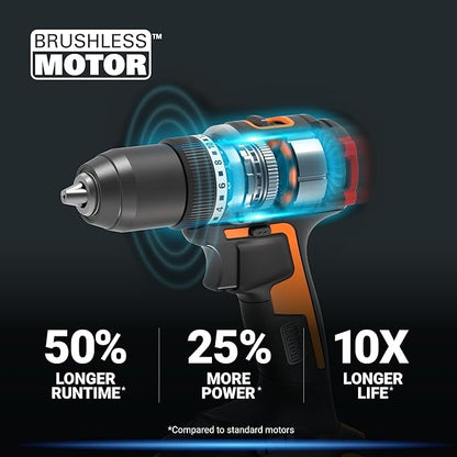 Worx Nitro 20V Cordless 1/2" Drill Driver With Brushless Motor - Compact & Lightweight Set Only 6" and 3 lbs. - Power Share Compatible WX130L - Batteries & Charger Included, Black