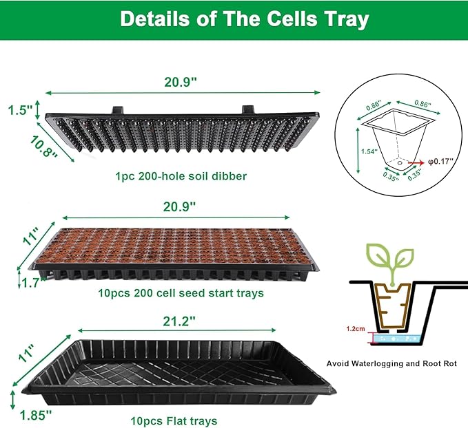 (20-Pack)200-Cell Seed Starter Trays with Dibber, 10 Pack Nursery Starting with Base Tray, 200 Hole Soil Digger for Setting Out Quickly, Seedling Planting Tray, Germination Kit Trays Reusable
