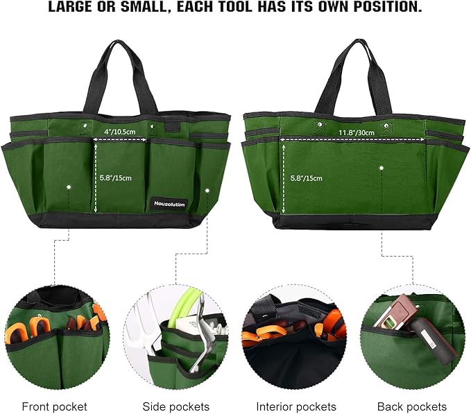 Housolution Gardening Tote Bag, Deluxe Garden Tool Storage Bag and Home Organizer with Pockets, Wear-resistant & Reusable, 12 Inch, Dark Green