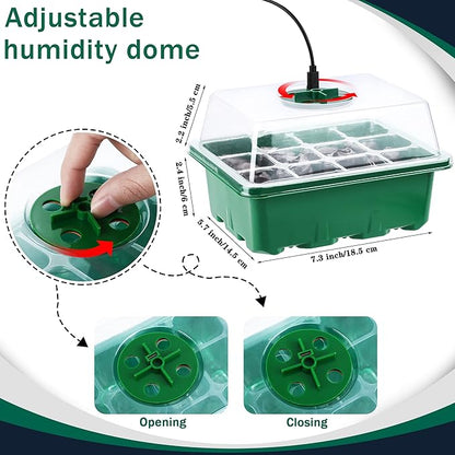 6 Pack Seed Starter Tray Kit with Grow Light and Humidity Dome Germination Trays, 72 Peat Pellets, Plant Labels, Gardening Tools, Green, Modern Style, 7.3 x 5.7 x 4.5 inches