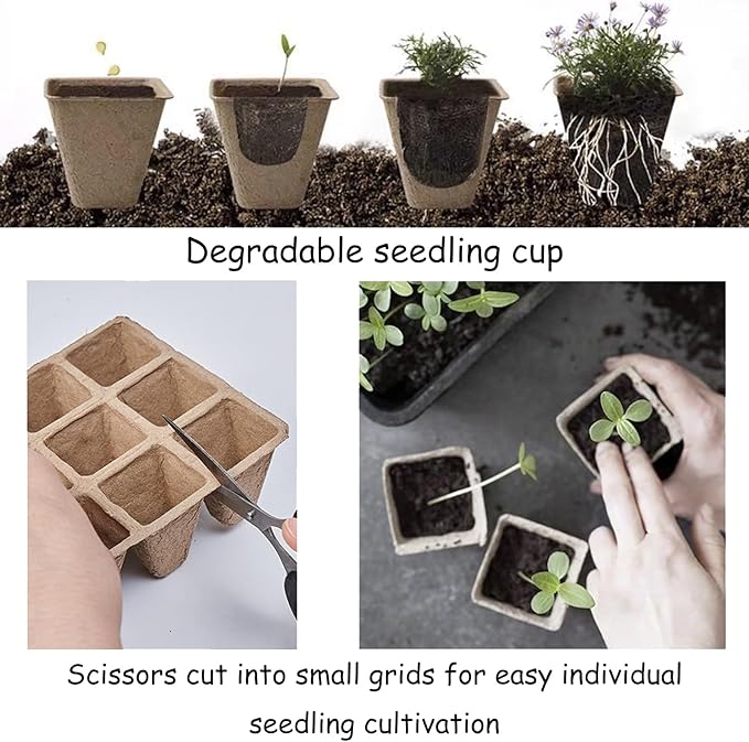 144 Cells Seed Entry Tray, 12 Packs Biodegradable Seedling Peat Pots, Organic Germinating Plant Entry Kit with 100 White Labels and 2 Planting Transplanters