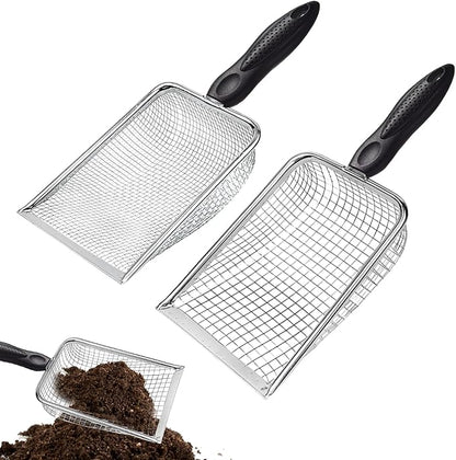 2 PCS Gardening Soil Sifter 3.8 & 5mm Mesh Stainless Steel Compost Sieves with Handle Portable Scoop Shovels for Soil, Rocks, Sand, Dirt