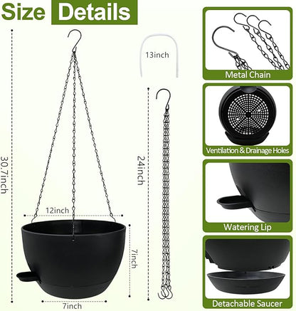 WOUSIWER Self Watering Hanging Planters, 2 Pack 12'' Plastic Pots with Drainage Holes & Reservoir Tray (Black) | Indoor & Outdoor Use for Ferns, Ivy, Herbs, Succulents