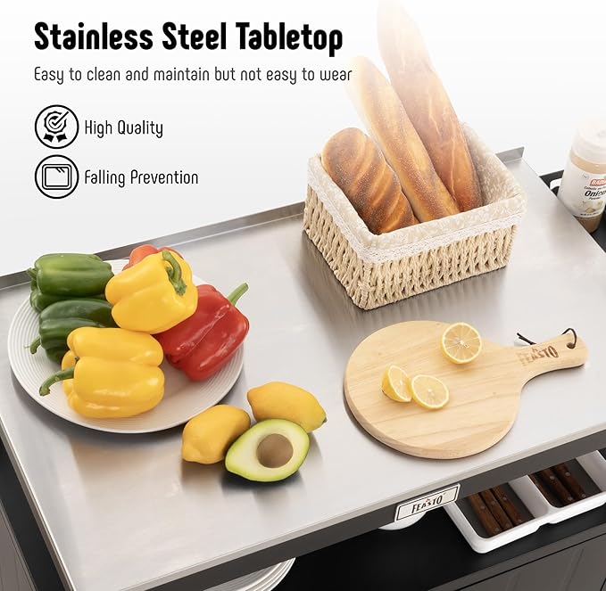 Outdoor Grill Cart with Stainless Steel Tabletop and Storage Cabinet, Movable Kitchen Island with Wheels for BBQ Food Prep, Black