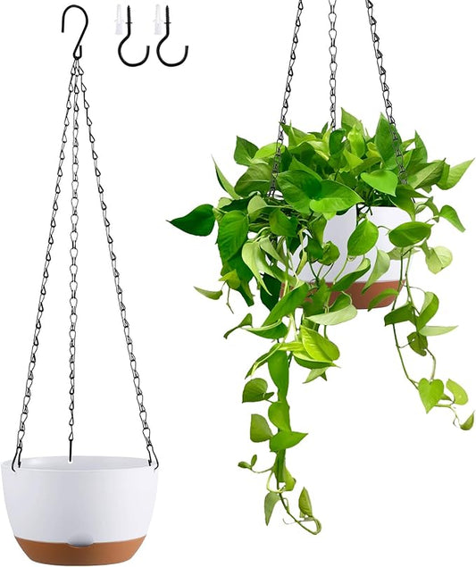 Set of 2 8 Inch Self Watering Hanging Planters for Indoor Outdoor Plants, Color Blocking Hanging Baskets Flower Pots with Drainage Hole & Removable Water-Storage Tray