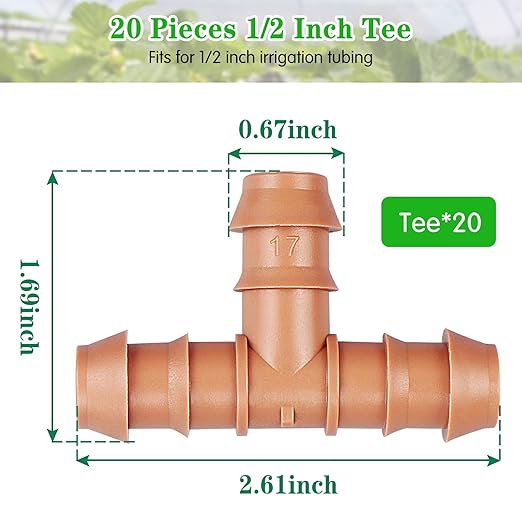 Drip Irrigation Barbed Tee：20 Pack Drip Irrigation Tee Parts Fits for 1/2 Inch Drip Irrigation Tubing 17mm 0.600" ID for Patio Lawn Garden