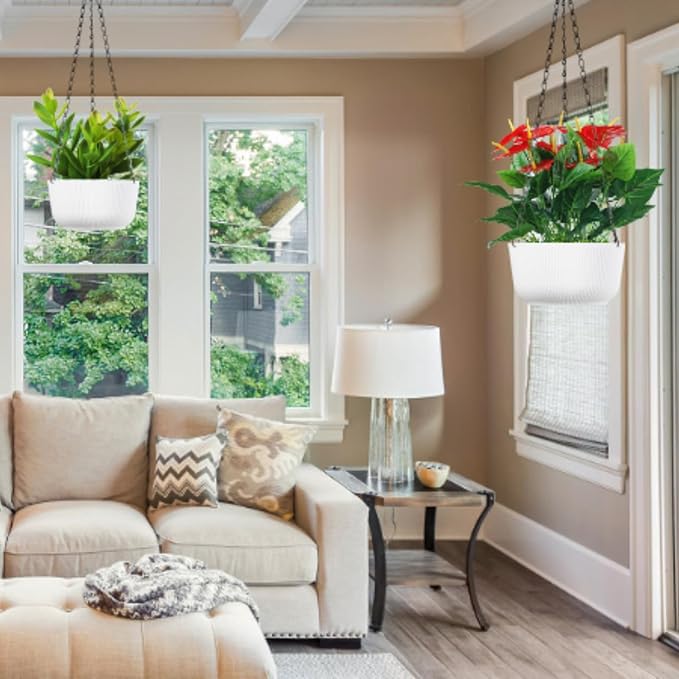 Set of 2 White 8.8 Inch Hanging Planters for Indoor Outdoor Plants, Self Watering Hanging Baskets Flower Pots with Drainage Hole & Plug