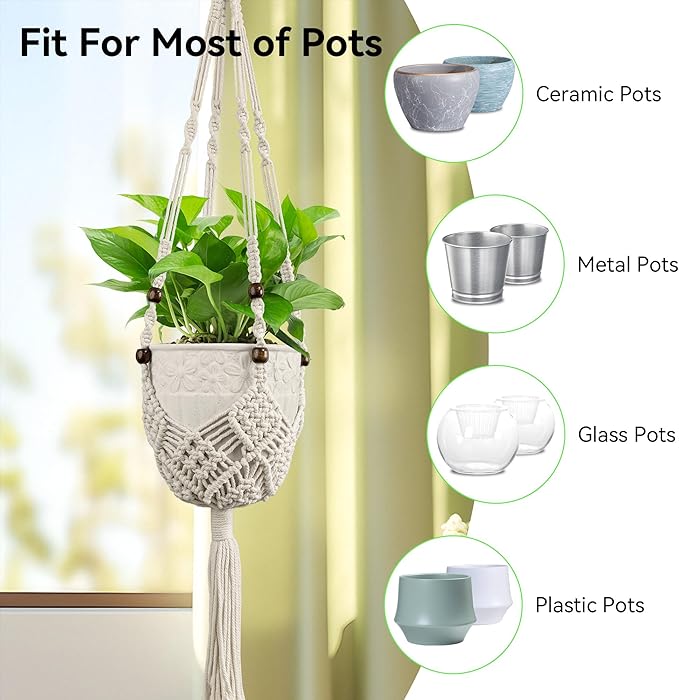 USLAI Macrame Plant Hanger for Indoor Outdoor, Up to 3-6.5 inch Pot, Hanging Planter Flower Pot Holder with Beads and Tassels, Boho Home Decor, 2-Pack, Ivory